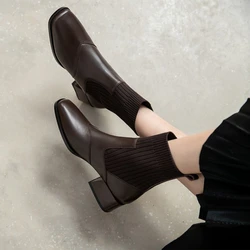 New Spring/Autumn Women Boots Solid Square Toe Low-Heel Genuine Leather Women's Shoes Comfortable Square Heel Boots for Women