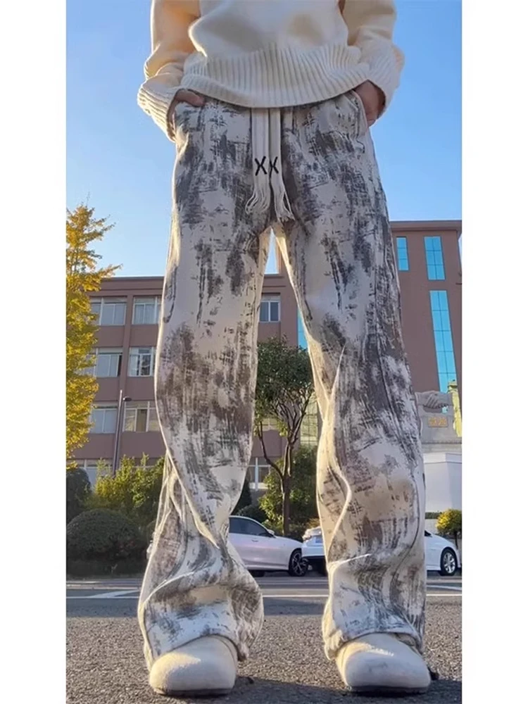 

American Sle Thi Fce Casual Pants Men's Retro Straight Leg Tied Dye Wide Leg Trousers Youth Vitali Sle Winter Season