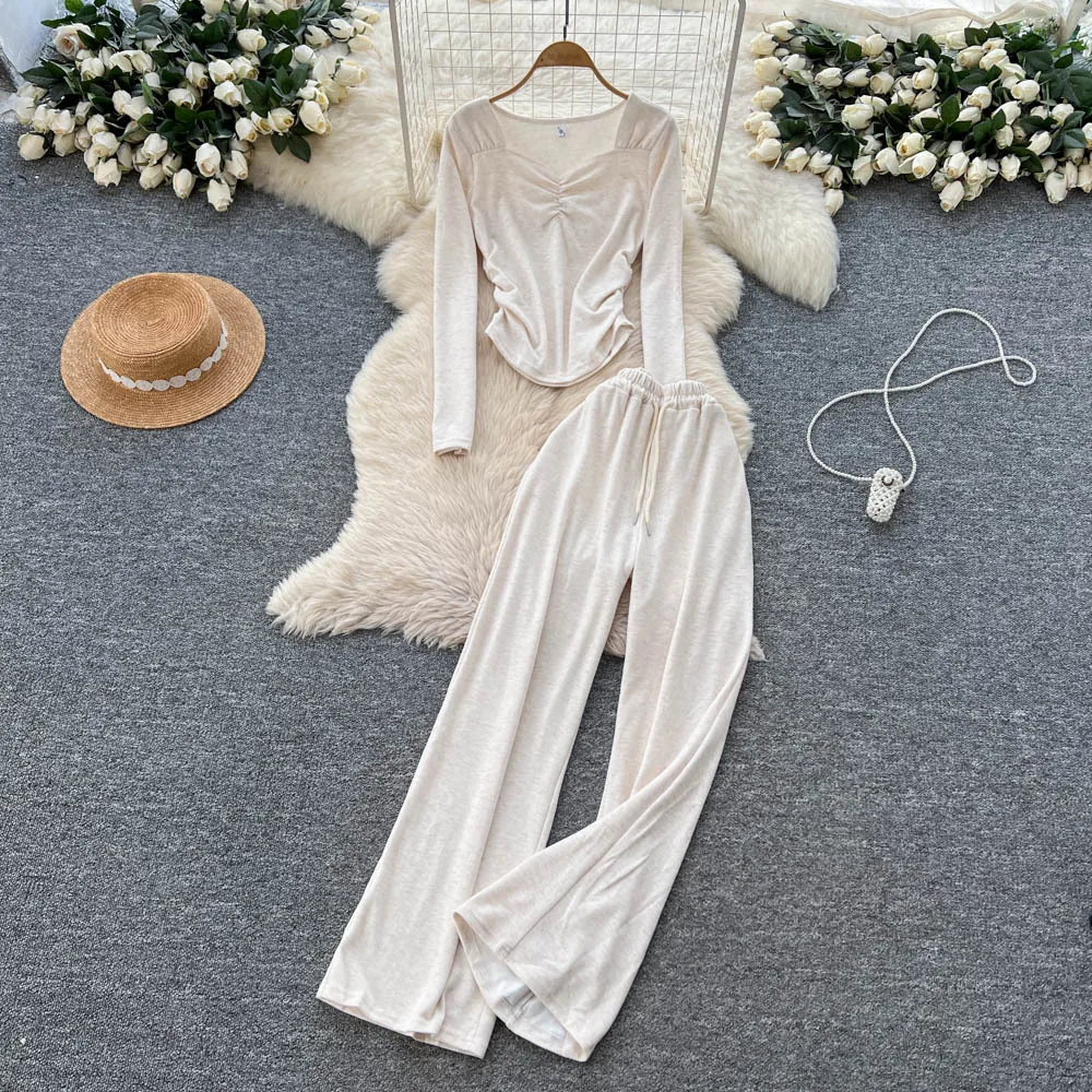 Due pezzi Set di pantaloni da donna Set coordinati solidi Colletto quadrato Flods Top Pantaloni a gamba larga a vita alta Allentati Casual 2025 Autunno Inverno