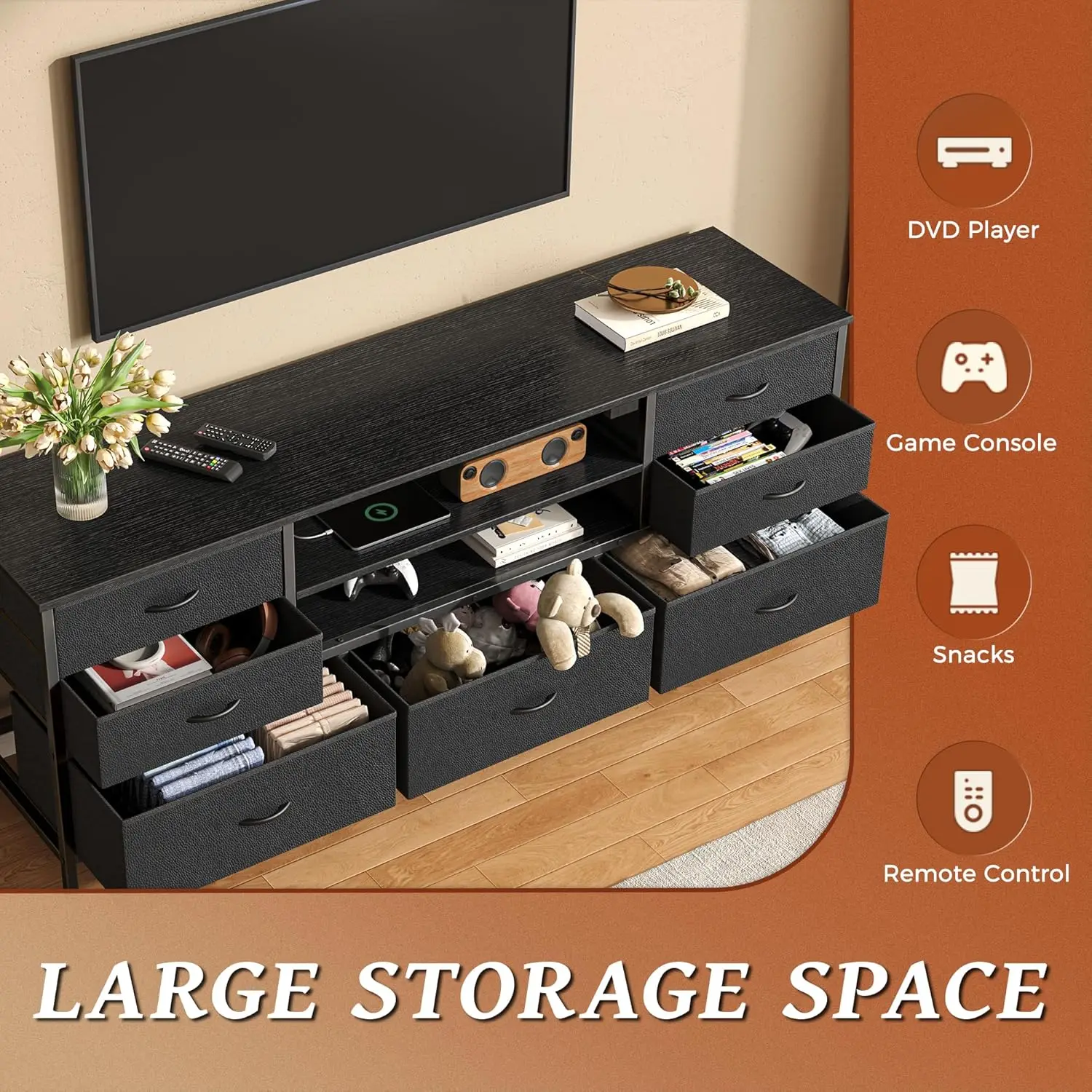 حامل تلفزيون ذو 7 أدراج مع أضواء LED ومنافذ طاقة، ودعم تلفزيون 60 بوصة، ووحدة تحكم من جلد البولي يوريثان الأسود