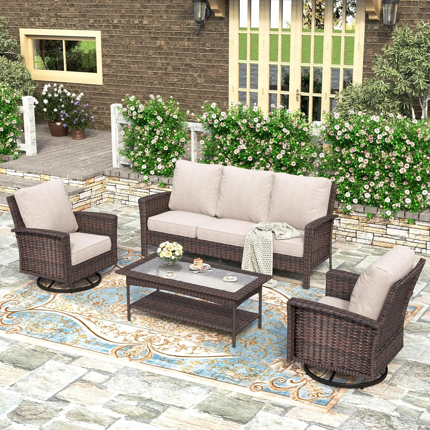 

Oversized Patio Furniture Sets,High Back Swivel Chair with 5.5"Thick Cushions, 4-Piece Wicker Outdoor Sectional Conversation Set