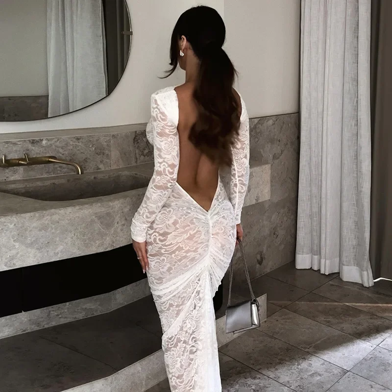 Chaxiaoa See Through Lace Sexy Maxi Dress for Women Sheer Long Sleeve Backless Bodycon Evening Sexy Club Party Long Dress