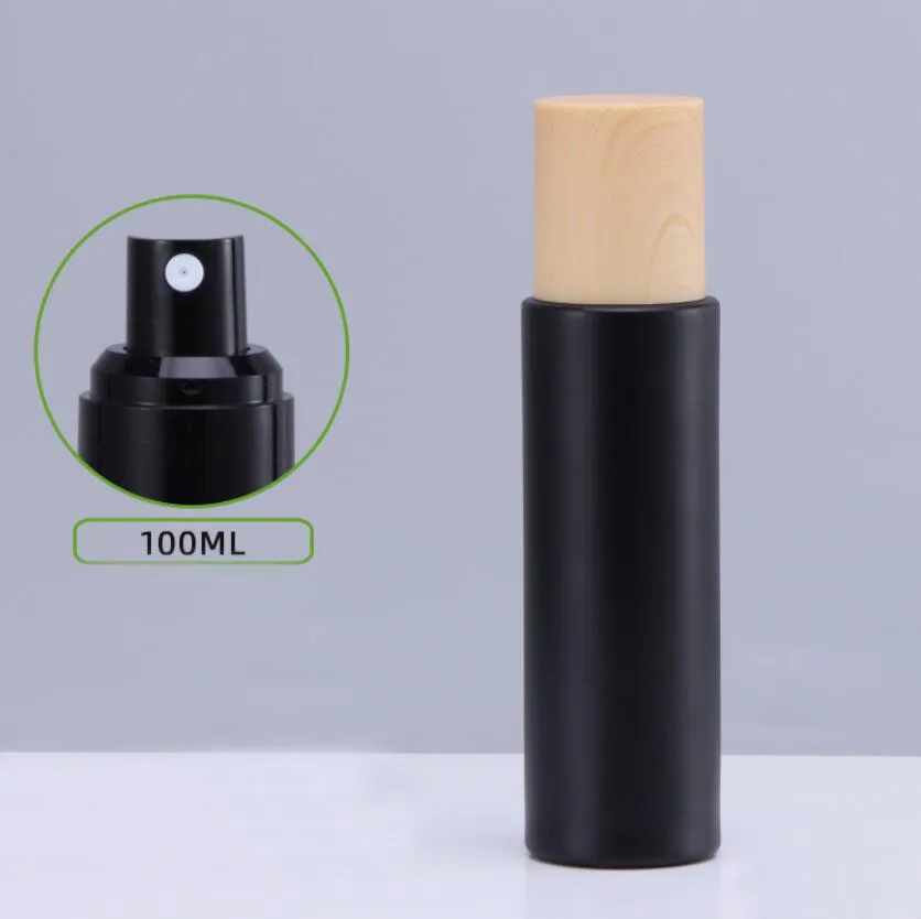 100ml black glass bottle wooden shape lid serum/lotion/emulsion/foundation/gel/toner essential moisture skin cosmetic packing