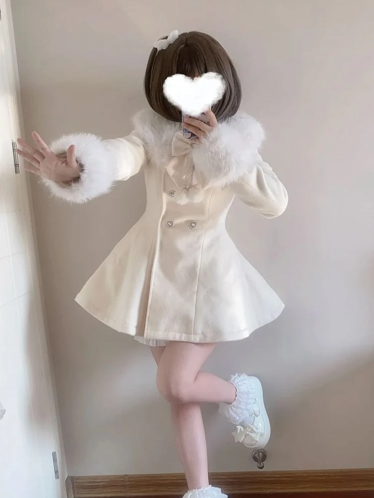 Japanese Autumn Winter Elegant Kawaii Coat Women Faux Fur Collar Long Sleeve Tops Casual Lolita Bow Button Warm Sweet Jacket