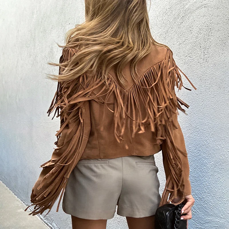 2023 New Style Sheepskin Suede Leather Jacket Fashion Women Coat Tassel Lady Crop Leather Jacket Kid Suede TF5472