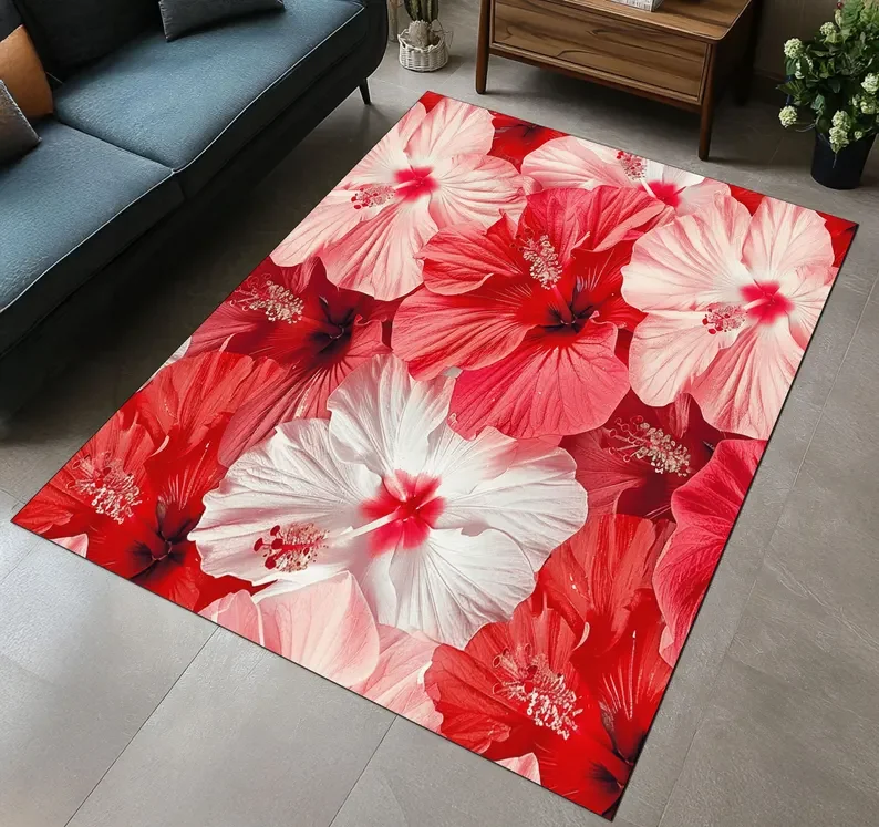 Rot-orangefarbener Blumenteppich, tropischer Teppich, Hibiskus-Blumenteppich, Terrassendekoration, Balkon, Gartenteppich, grüner Blattdruck, Outdoor-Bodenmatte