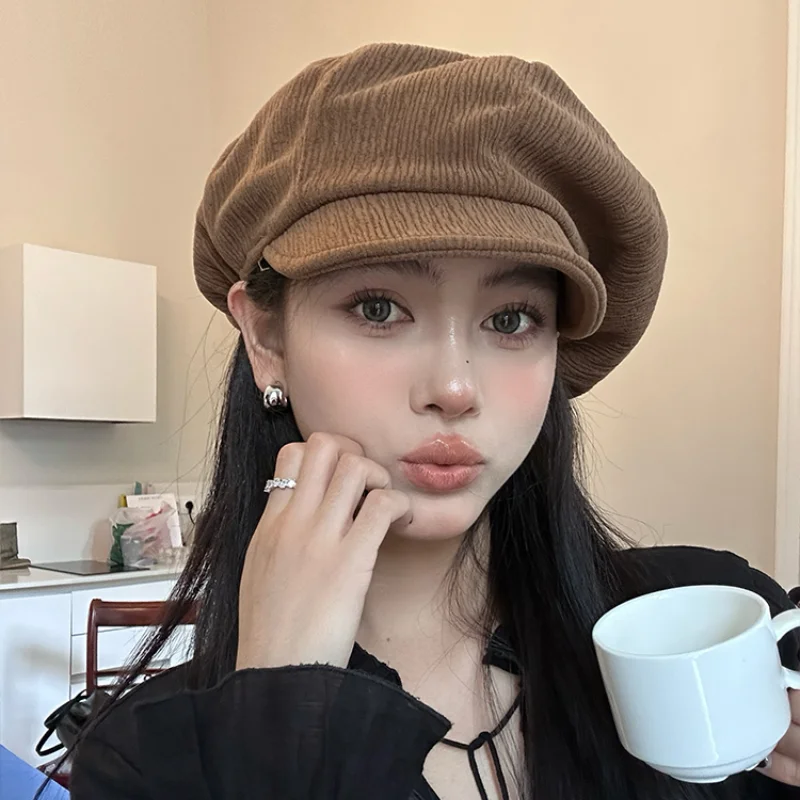 Vintage Maillard Brown Berets Casp for Women Show Face Small Summer Autumn Thin Niche Pleated Texture Versatile Octagonal Hat