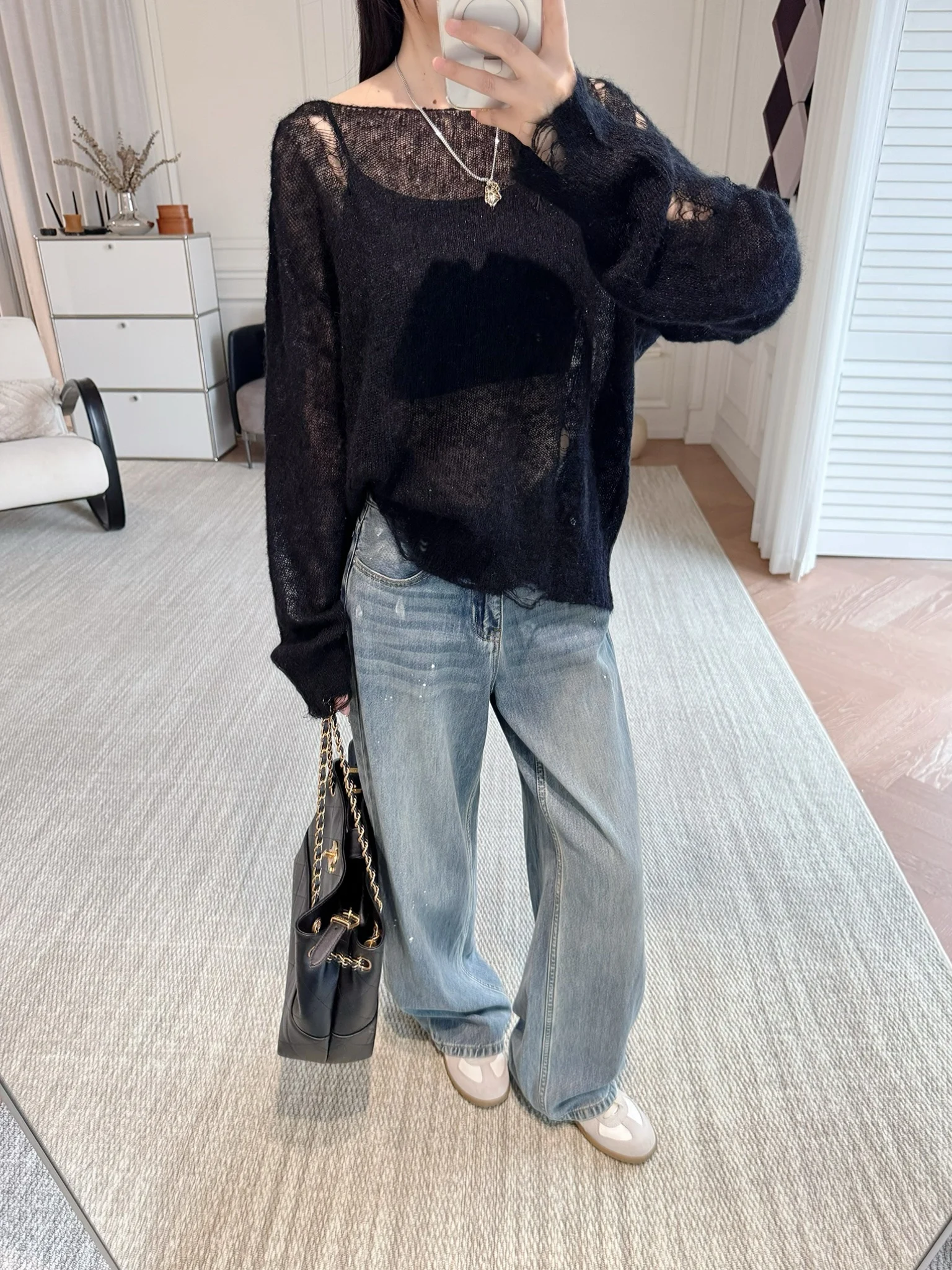 

Вязаный свитер с длинными рукавами, ажурный, на одно плечо, свободного кроя, из смесовой шерсти, с пайетками, с вырезами, повседневный стиль