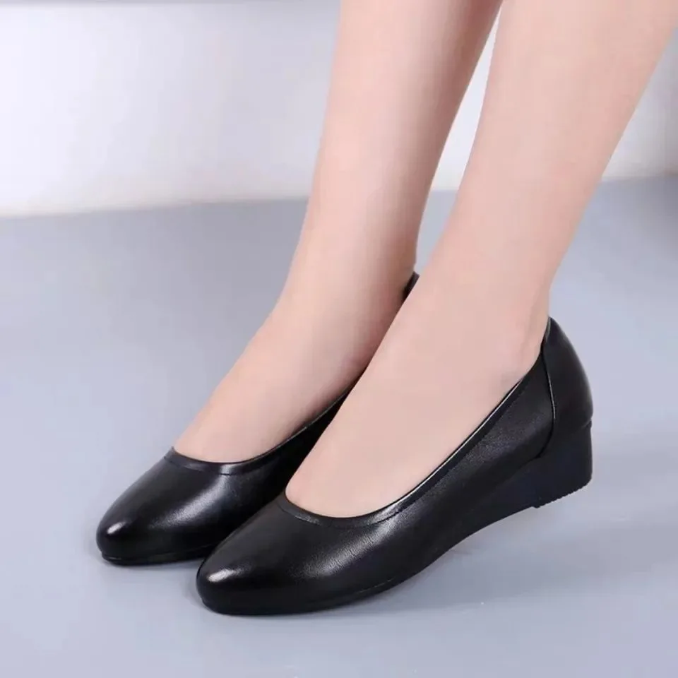 Shoes Women Mid Heel Office Lady Pumps PU Leather Black Basic Square Heeled Spring Autumn Loafers Female Zapatos