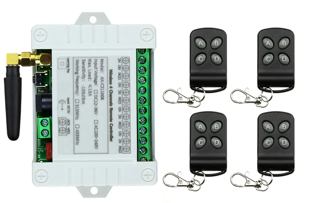 Universal Wireless Remote Control DC 12V 24V 36V 4CH 10A Relay Receiver Module RF Switch Remote Control For Gate Garage Opener