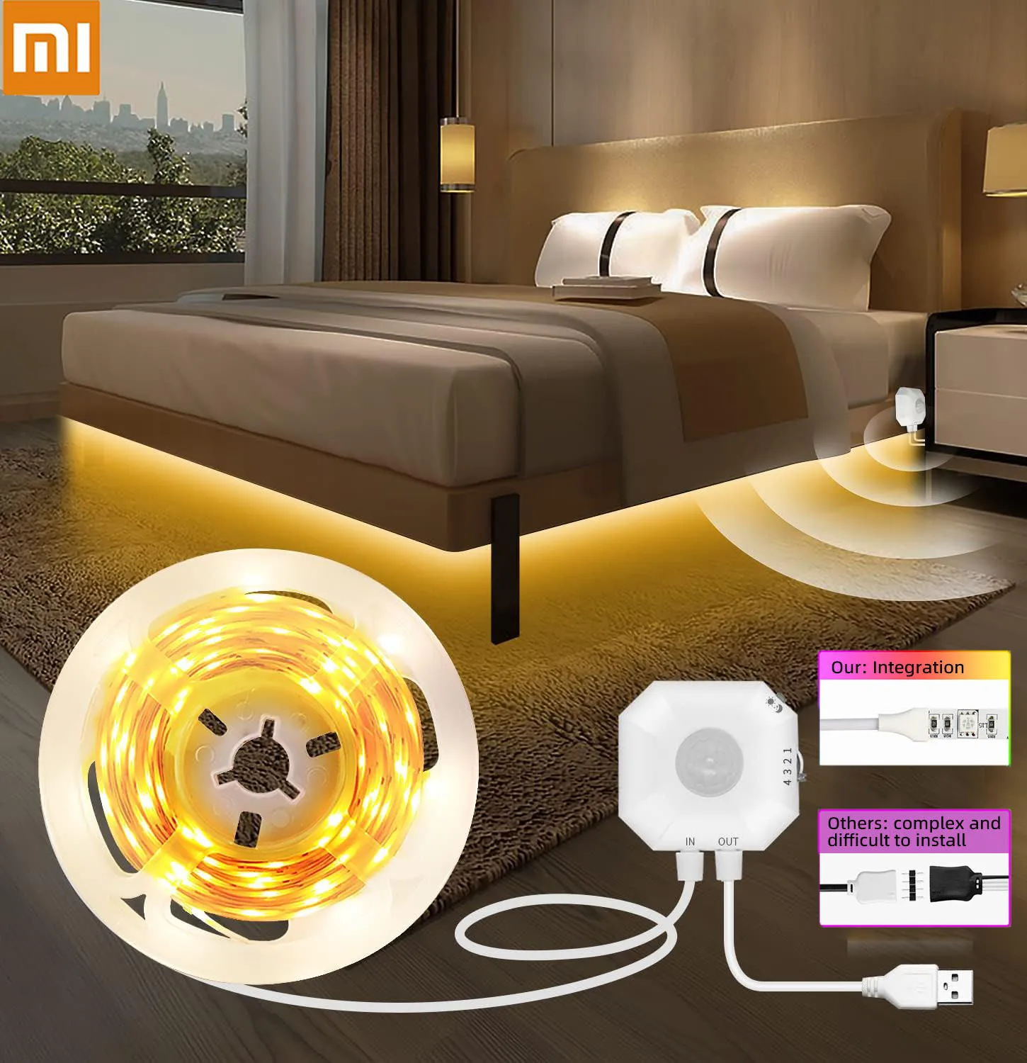 

XIAOMI датчик движения светодиодные ленты 5 м USB светодиодный ночник с регулируемой яркостью для спальни прикроватная тумбочка кухонный шкаф лестничное освещение