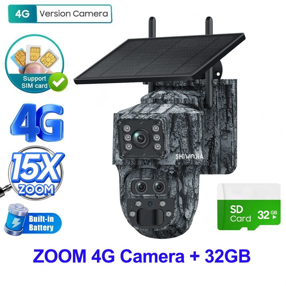 SHIWOJIA 6K 12MP 4G zonne-beveiligingscamera 60X ZOOM buiten 360 °   Bekijk Animal Monitoring Solar Battery Security Surveillan Video