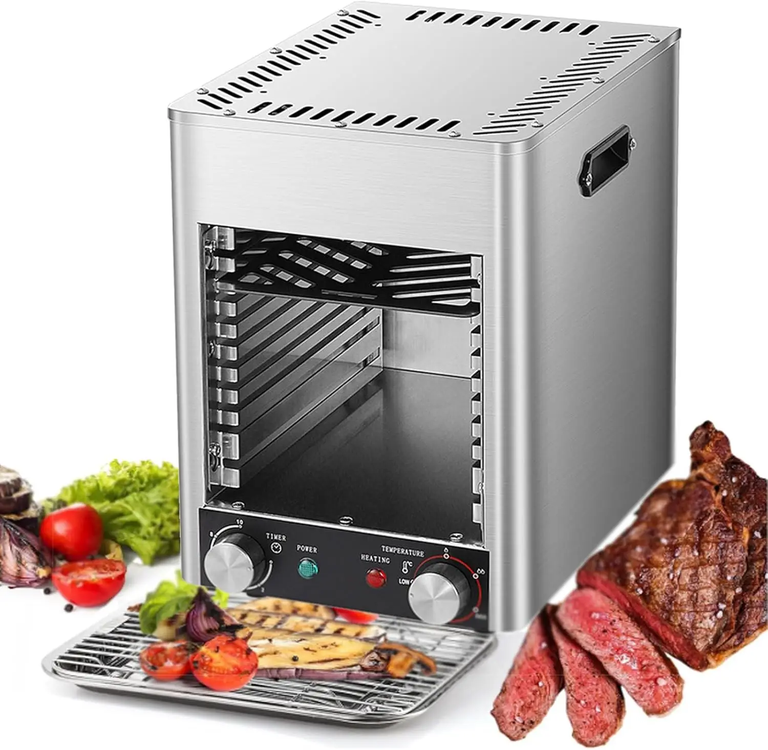 Máquina de bife sem fumaça totalmente automática com temporizador, pizza grelhada elétrica de cozinha interna, peixe grelhado, legumes, frutas