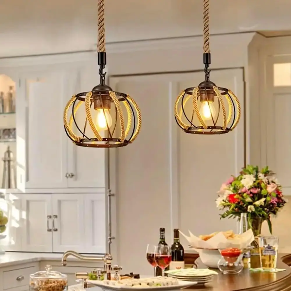 

Rustic Industrial Woven Pendant Light, 7.87 Inch Adjustable Metal Hemp Rope Mini Pendant Lighting Fixture for Kitchen Island Caf
