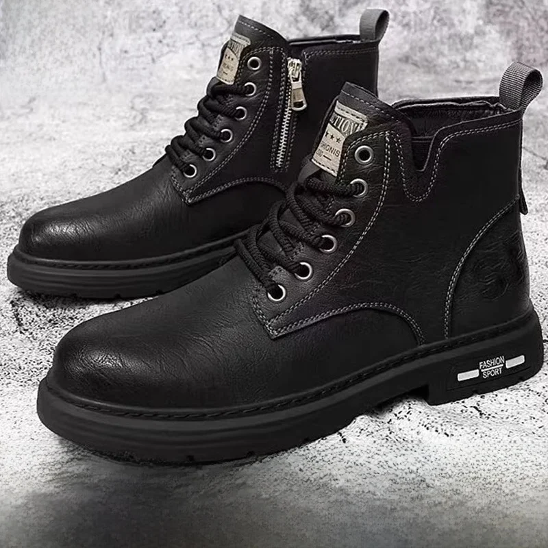 

Retro Men's Boots Autumn Winter High Top Leather Shoes Fleece Thickened Casual Fashion Waterproof Non-slip Work Boots