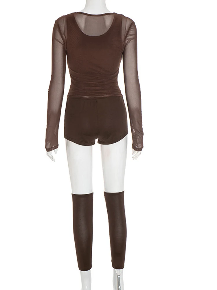 Beyprern المرأة عادية 3 قطعة بقماش شفاف قطعتين الزي المرأة طويلة الأكمام المحاصيل الأعلى + شورت + الفخذ العليا جوارب مجموعة