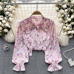 Chic Bow Puff Sleeve Print Blouse Slim Sexy sweet Chiffon Shirt Women Streetwear French Fashion Crop Top