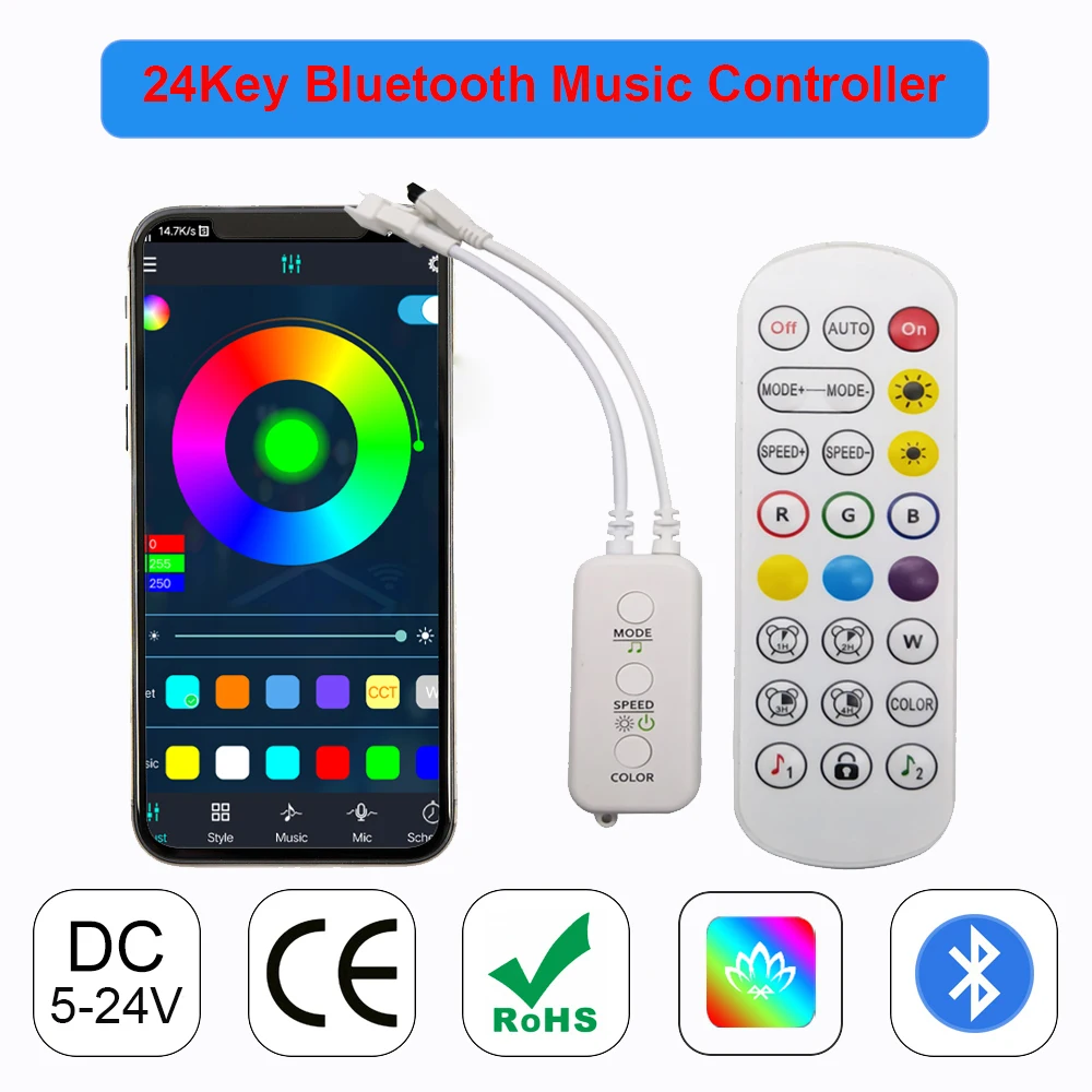 DC5-24V 24Keys IR Remote Bluetooth APP Music Led Controller For 3Pin Addressable Individually 5050 RGB Strip Light Ring Panel