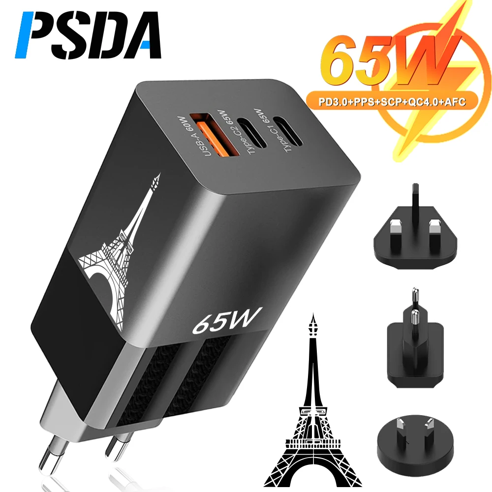 

PSDA 3D UV 65W GaN USB C Wall Charger Power Adapter 3 Port PD 65W PPS QC4 45W SCP for Laptops MacBook iPad iPhone 15 Samsung