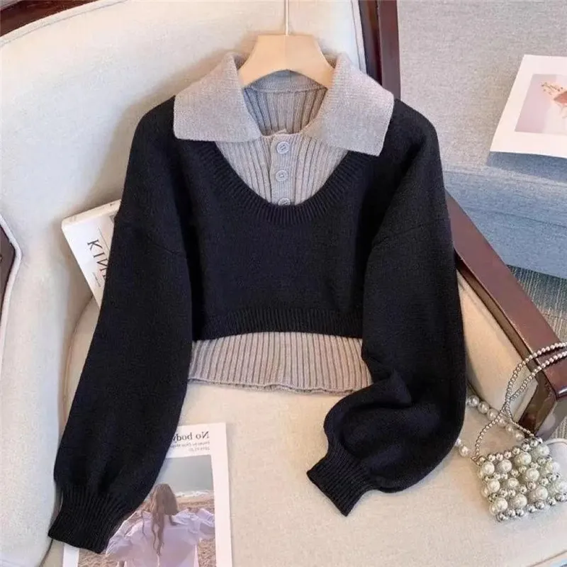 College style women's short POLO neck sweater 2026 autumn winter explosions pullover high waist two-piece Female knitwear top