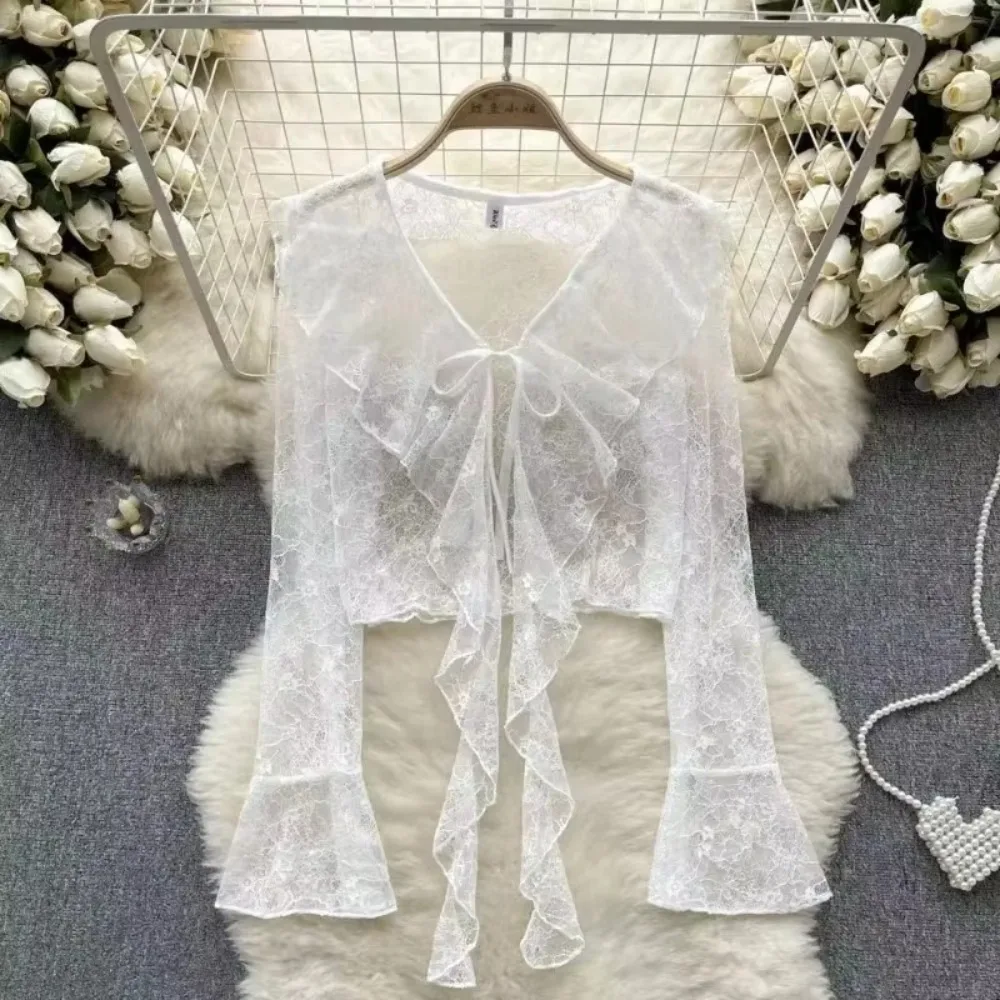 

Summer Sweet Women Sun Protection Blouse Fashionable Bell Sleeve Lace Sheer Cardigan Tops Korean Elegant Ruffled V Neck Shirt