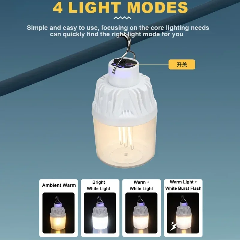 Outdoor Camping Lamp USB Rechargeable Portable Work Light LED Emergency Bulb Lantern Dual Color Optional White & Warm Light