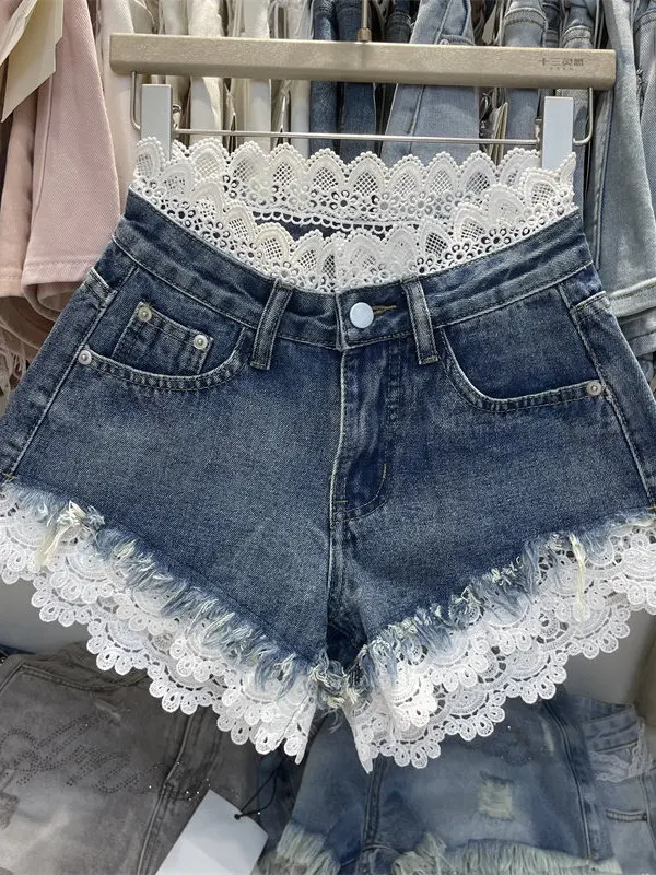

Deep Blue High Waist Short Jeans Women Summer New Style Lace Splicing Thin Hot Pants Trendy Hollow out Casual High Waist