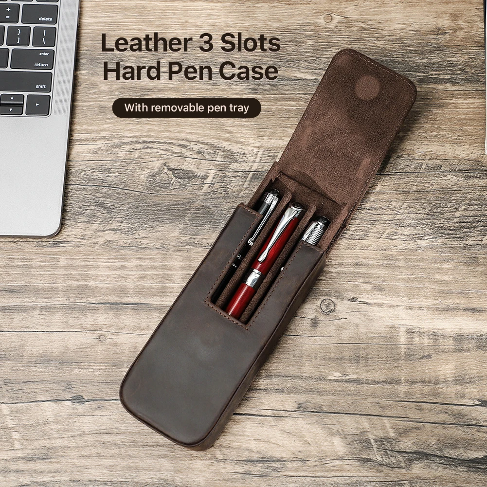 Handmade Genuine Leather 3 Slots Pen Case Pouch For Pens Cowhide Office School Bag organizer Adult Men Student Retro Style Gift