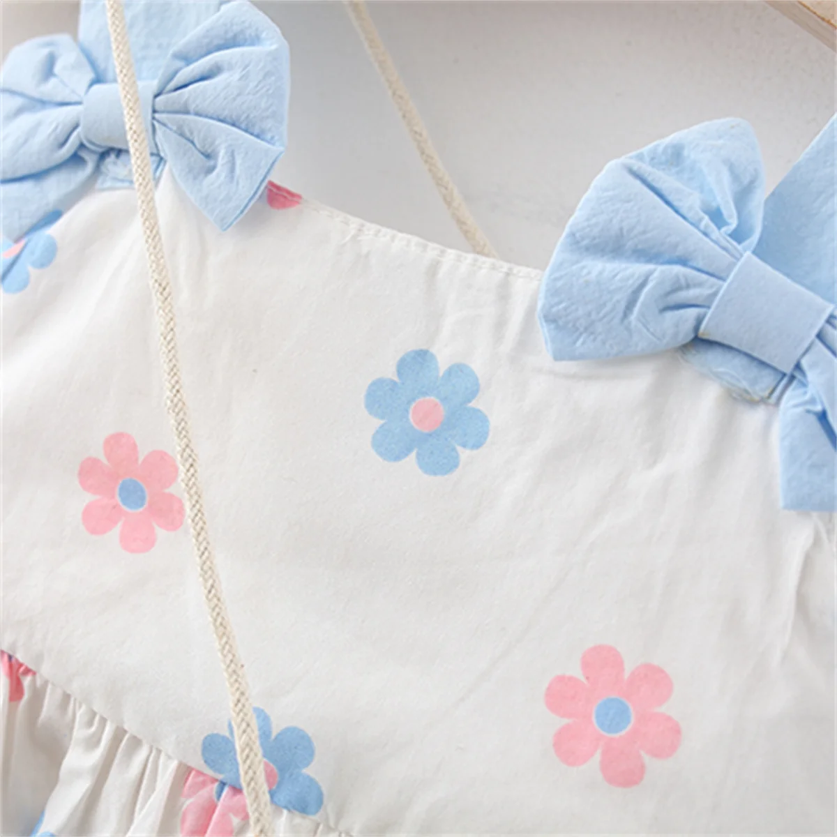 Summer Baby 2-Piece Set With Diagonal Straddle Bag Girl Bow Strap Flower Daily Knee Length Sweet Dress