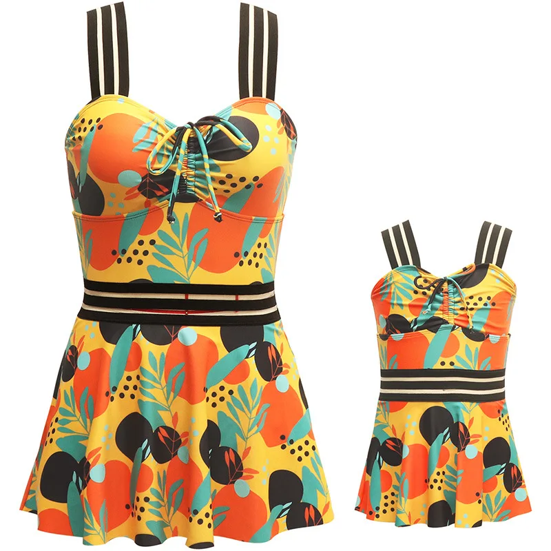 

New Mother and Daughter Leaf Printing Swimsuit Women's One-piece Swimwear Fashion Hot Spring One-piece Slimming Swim Dress