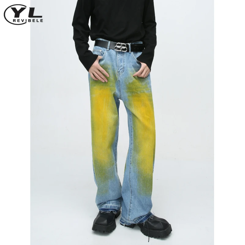 Retro Yellow Graffiti Jeans Man Korea Fashion Casual Straight Cowboy Pants  High Street Wash Baggy Male Wide Leg Denim Trousers