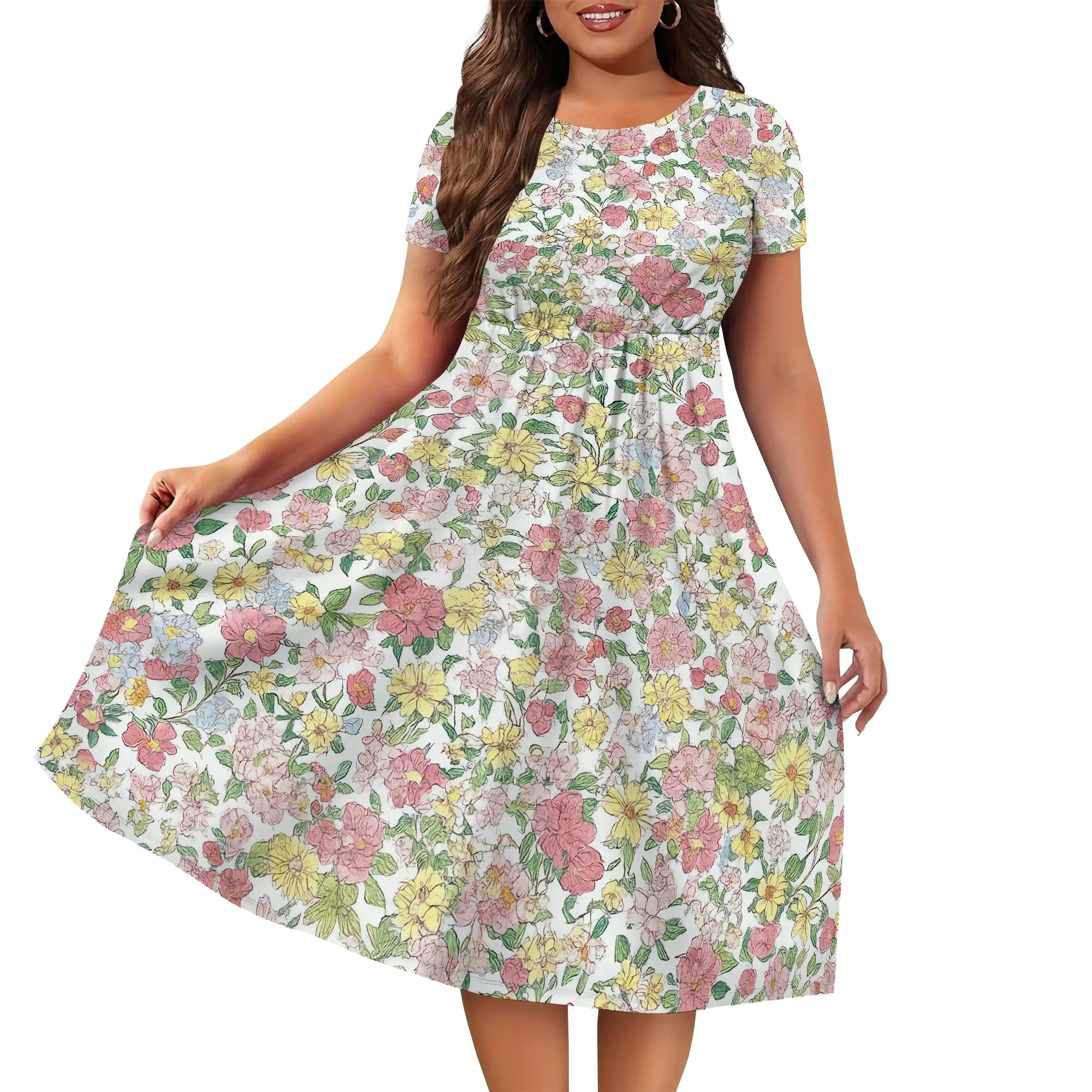 여성 드레스 짧은 소매 캐주얼 루즈 스윙 미디 드레스 Pleated Summer A 라인 프릴 Flowy Beach Vacation Dress