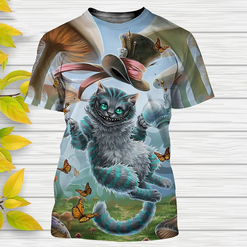 MINISO New Women T-Shirts Alice in Wonderland Cartoon Anime Cheshire Cat 3D Print Streetwear Kids Adults Fashion T Shirt Tops