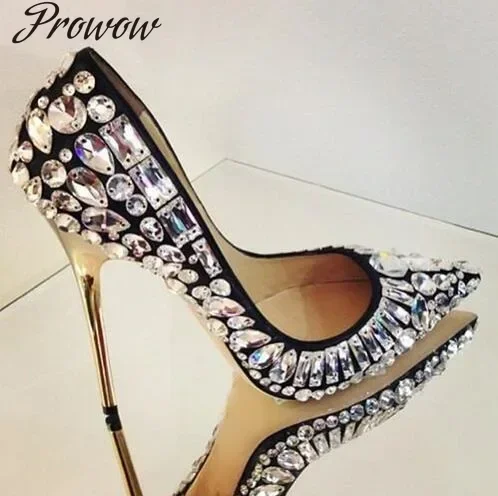 

Prowow блестящие туфли-лодочки со стразами, женские золотые туфли на высоком каблуке с острым носком, украшенные кристаллами, блестящие свадебные туфли без шнуровки для невесты