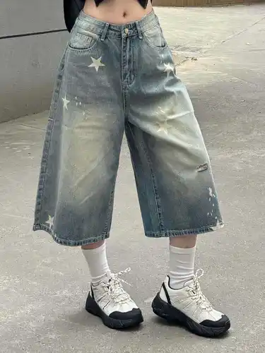 Vaqueros de pierna ancha holgados Vintage Retro para mujer, pantalones cortos vaqueros con estampado de estrellas Y2K Harajuku, ropa de calle informal, pantalones lavados de cintura alta
