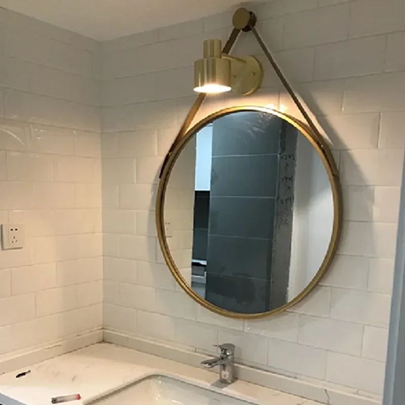 Nordic Bathroom Mirror Round Wall Mounted Mirror Hanging Ornament Salon    Decor Makeup  with Metal Strap