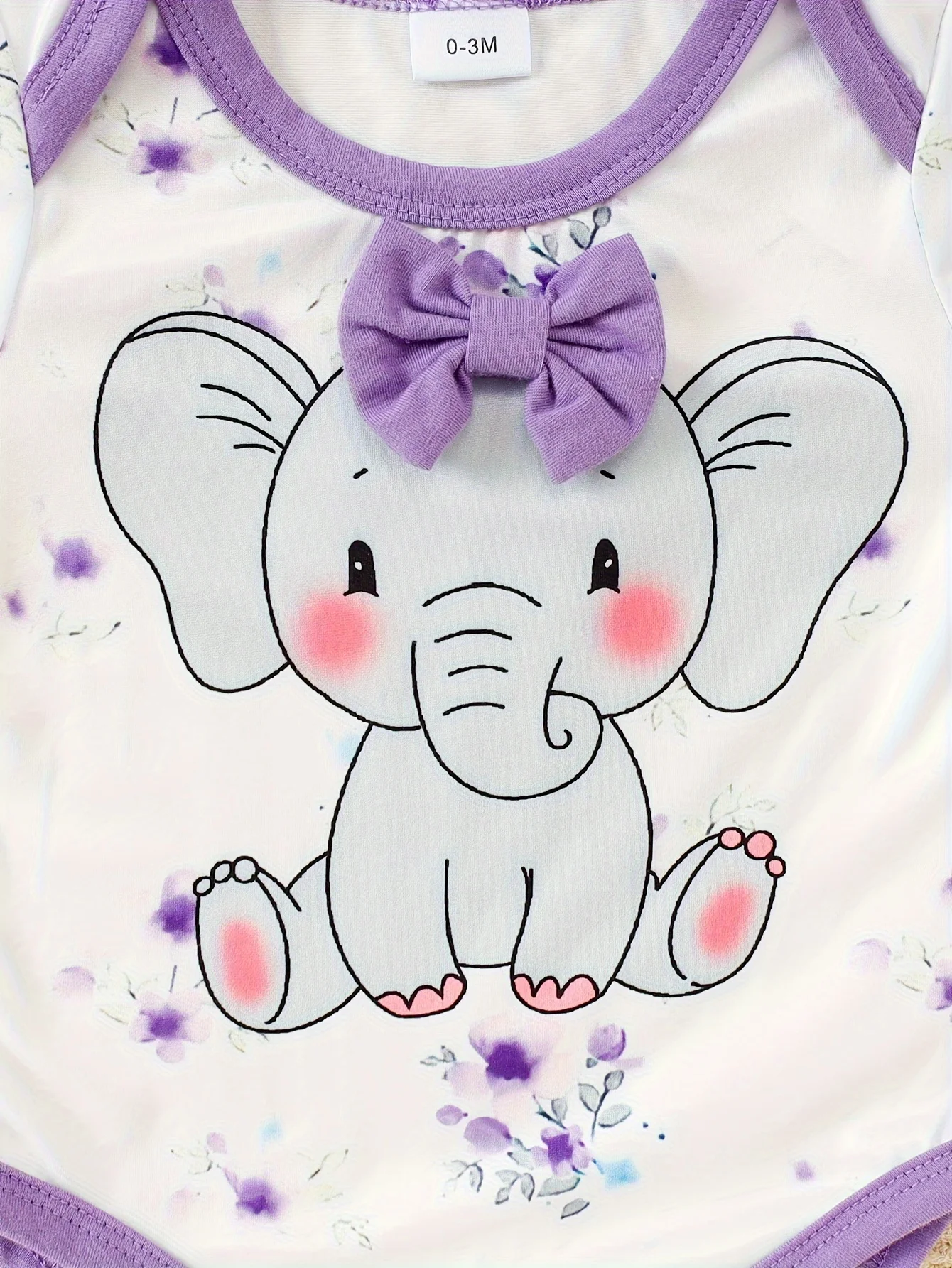 3-teiliges Set für Babys, Mädchen, süßer Elefant, lila Body + Hose + Mütze, geeignet für Neugeborene im Alter von 0-12 Monaten im Frühling und Herbst – Detail 4