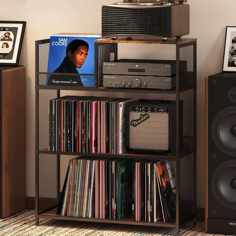 Three-Tier Vinyl Record Player Stand LP Albums Cabinet Organizer Vintage Magazine Rack Multi-Functional Turntable Display Shelf