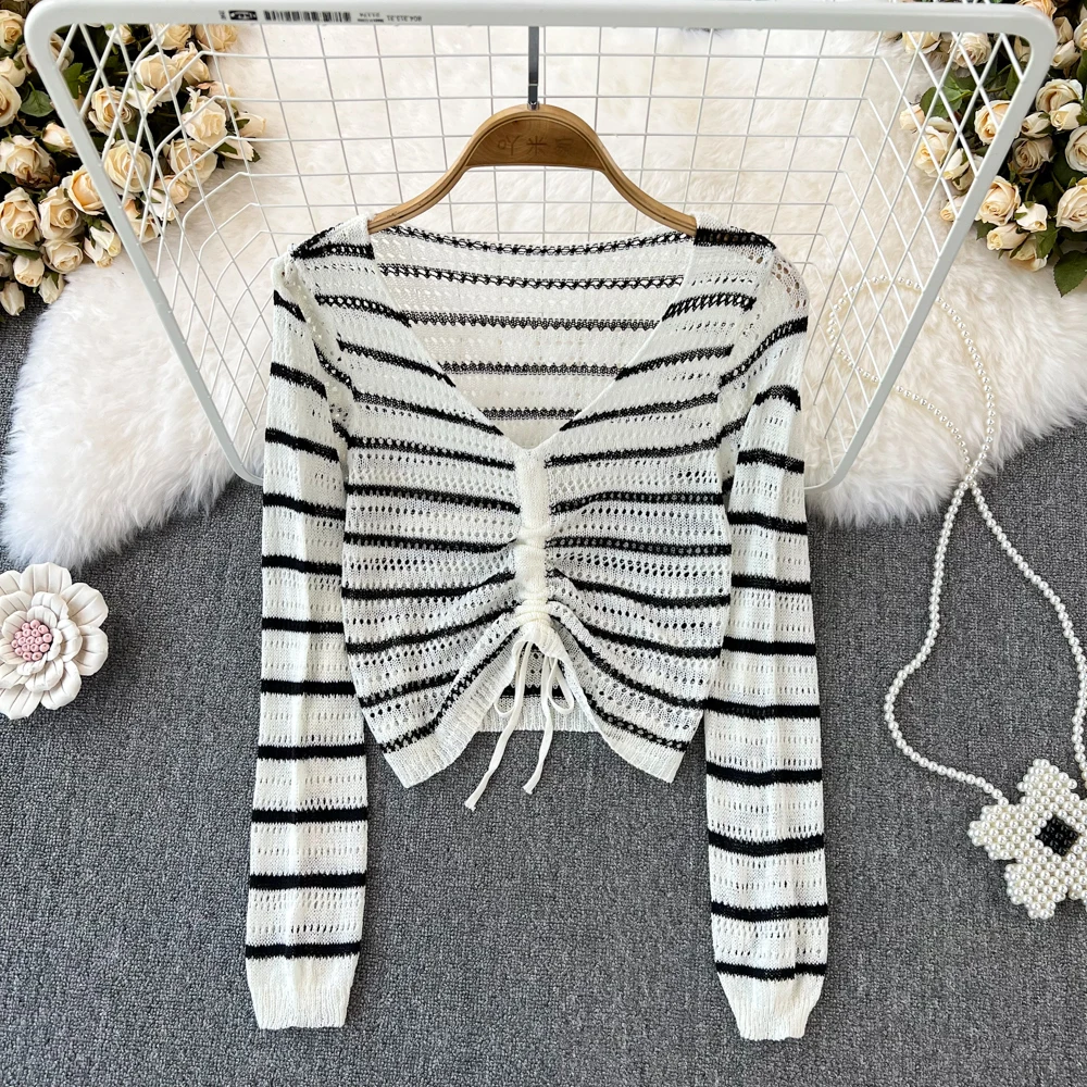 V-neck Hollowed-Out Striped Knit Sweater Women's New Spring 2023 Loose Drawstring Summer Sunscreen Shirt Short Top Trend