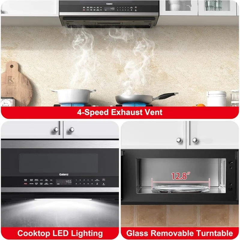 Galanz GLOMJK12S2SWN10 Low Profile Over The Range Microwave Hood Combination Steam & Sensor Cooking, 11 Power Levels, 1.2 Cu Ft