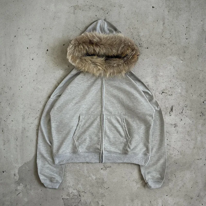 Y2K Zip Up Hoodie Faur Collar Harajuku Streetwear Hiphop Zipper Hoodie Sweatshirt Vintage Rock Goth Loose Punk Jacket Kpop Tops