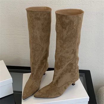 Eilyken 2025 invierno estilo callejero puntiagudos hasta la rodilla botas mujeres tacones bajos Zapatos Mujer botines largos Zapatos De Mujer