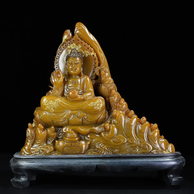 

Shoushan stone carving Wanfo Chaozong Buddha statue ornament is 29 cm long, 6.8 cm wide and 26 cm high.