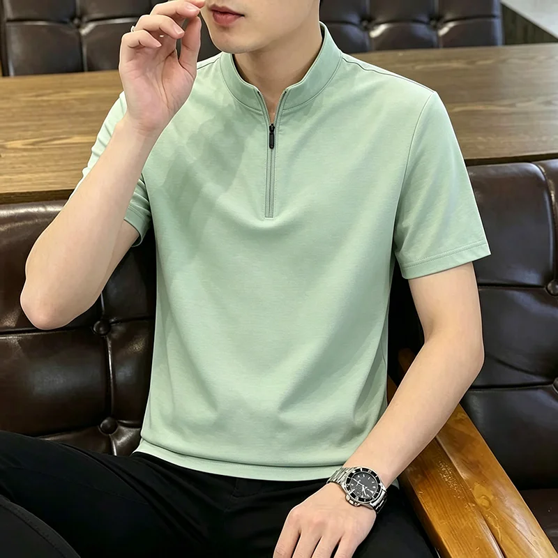 2026 Summer New Style Men's Half-Zip Standing Collar Outdoor Simple Fashion Casual Breathable Short-Sleeved T-Shirt Mulberry Sil