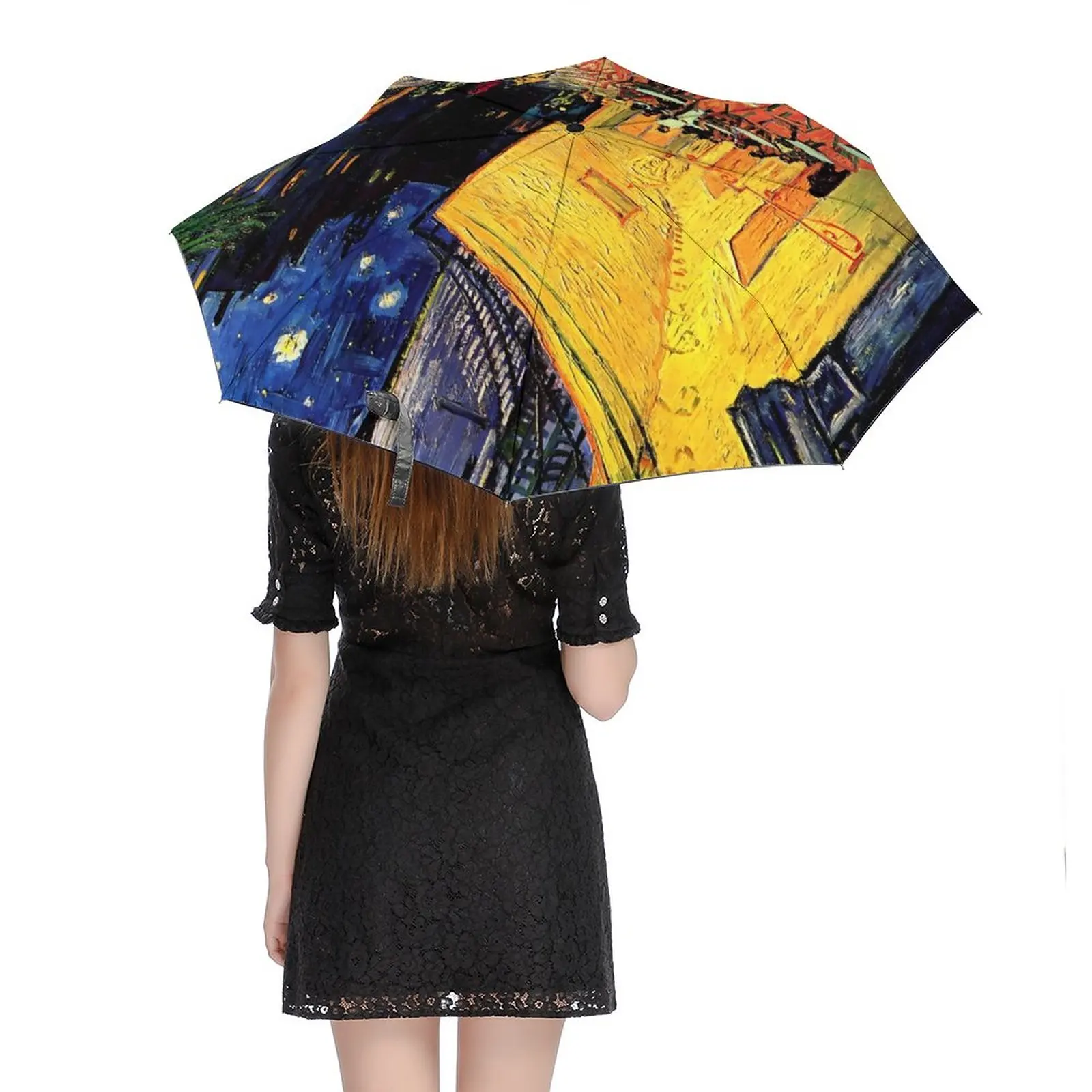 Vincent Van Gogh 3 Fold Auto Umbrella Cafe Terrace at Night Ligthweight Umbrella Sun and Rain Black Coat Umbrellas for Men Women