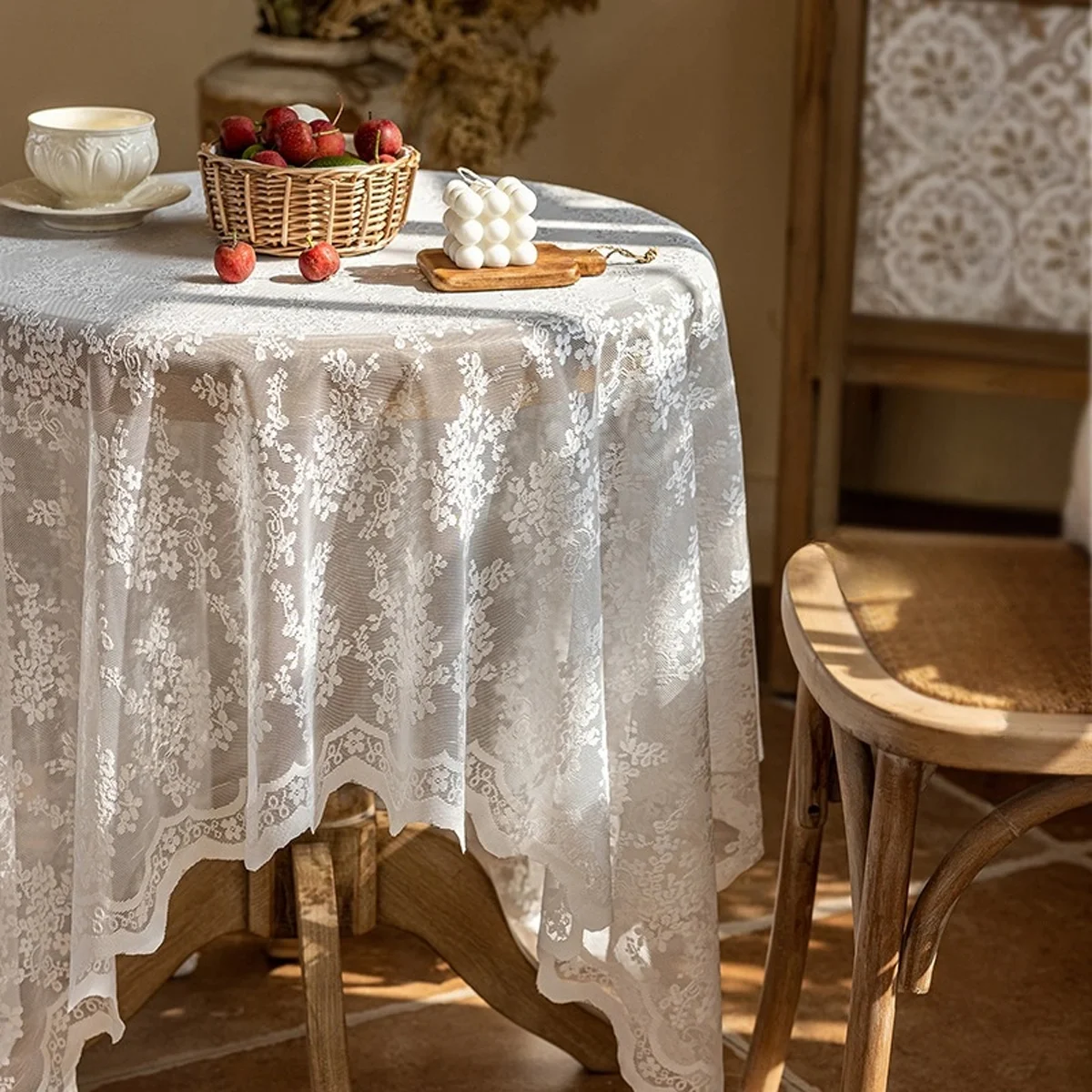 1PCS White Lace Tablecloth, Romantic Cottage Style Sheer Floral Table Cover for Dining Room