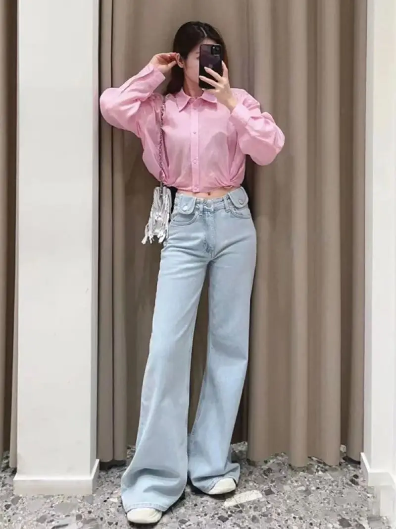 

Women Straight Jeans High Waist Zipper Fly Solid Color Loose Spring 2024 Denim Long Pants