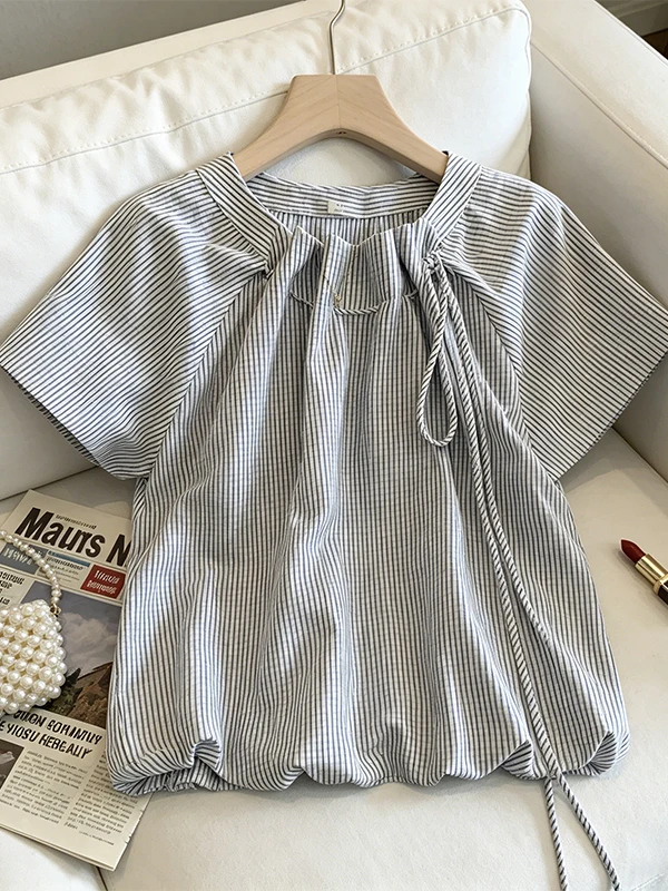 

Summer 2026 Slimming Blue Striped Short Sleeve Shirt for plus Size Women Belly Covering Flattering Short Length Top Korean Style