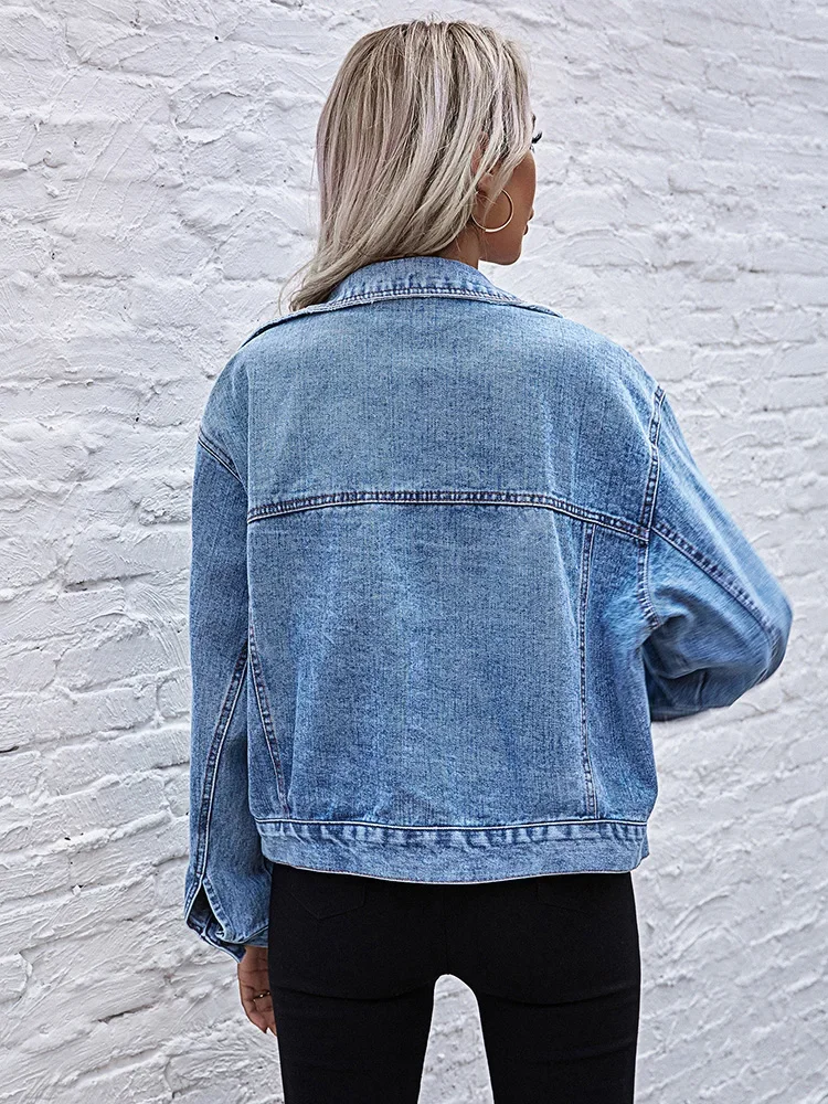 Benuynffy Turn-down Collar Loose Denim Jacket Women Spring and Autumn Single Breasted Female Outwear Casual Jean Coats Jackets