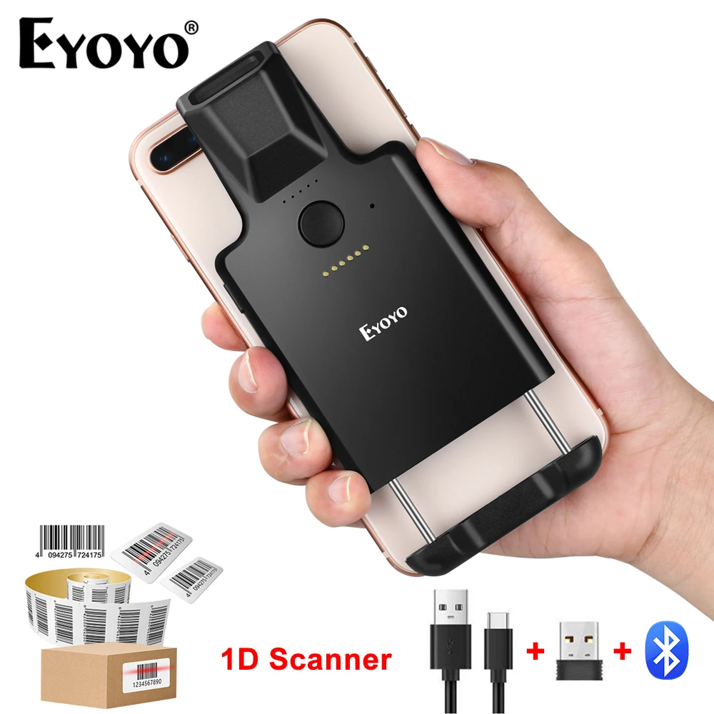 Eyoyo 1D Back Clip-on Bluetooth Barcode Scanner Works With Phone, Portable Bar Codes Reader Compatible With Android iOS Windows